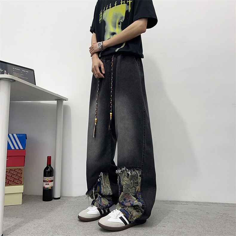 新中式小熊拼接牛仔裤男春夏潮牌痞帅直筒裤美式阔腿裤N9120-P45,男装牛仔裤,星座308B-1