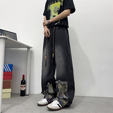 新中式小熊拼接牛仔裤男春夏潮牌痞帅直筒裤美式阔腿裤N9120-P45，男装牛仔裤，星座308B-1