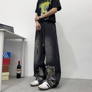 新中式小熊拼接牛仔裤男春夏潮牌痞帅直筒裤美式阔腿裤N9120-P45