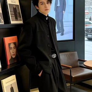 秋季复古酒红色雅痞垫肩小立领短款西服外套男高级感毛呢外套韩版图片