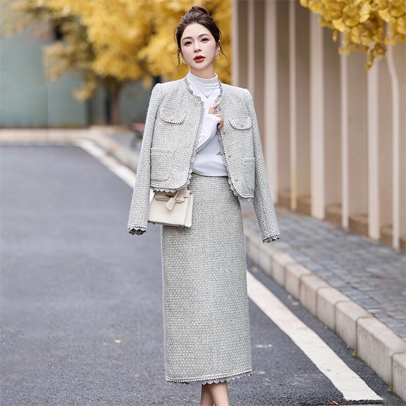 法式小香风羊毛呢套装女2024年秋冬新款感气质半身裙两件套,女装套装/套裙,伊仟回