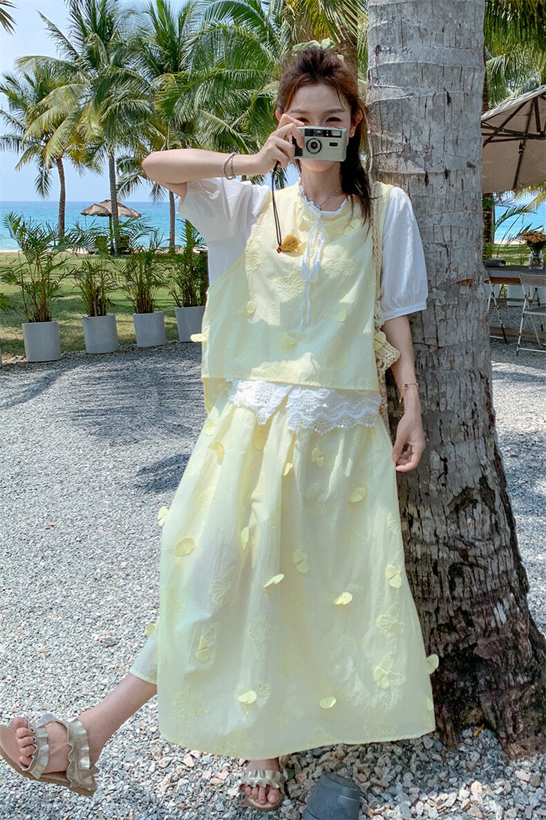 撞色拼接立体花撞色套装裙女夏季2025新款法式气质半身裙两件套,女装连衣裙,2C230