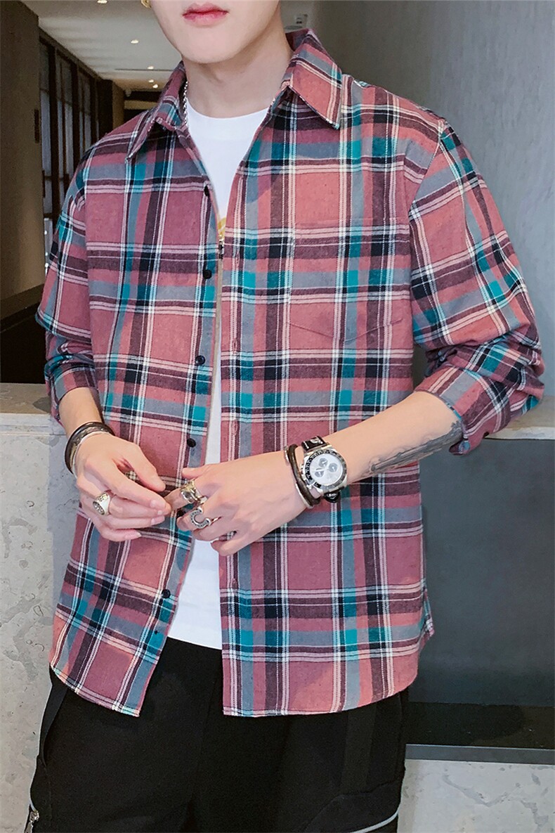春季新款青少年长袖衬衫男士格子百搭衬衣帅气上衣服潮DS684T,男装衬衫,电商A102