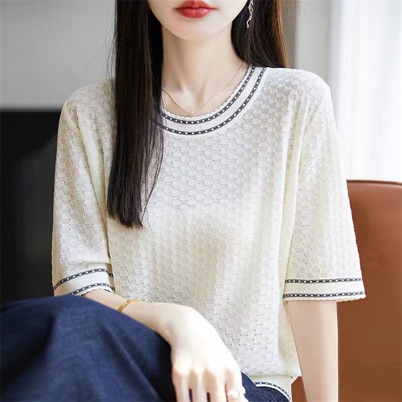 洋气t恤针织衫女2025夏季新款法式复古风短袖宽松百搭上衣打底衫,针织衫/毛衣,天佑贝依
