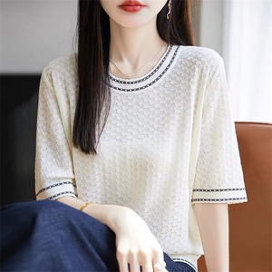 洋气t恤针织衫女2025夏季新款法式复古风短袖宽松百搭上衣打底衫图片