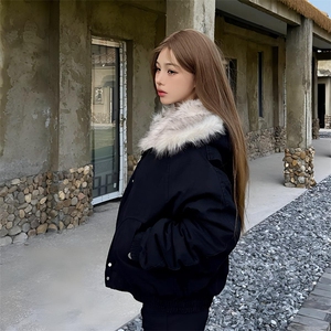 现货高品质美式高街冬季重磅硬挺短款座山雕毛领棉衣男女加厚外套图片