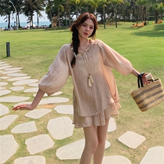 波西米亚度假风时尚蕾丝防晒衫套装女2025夏季新款宽松短裙两件套，女装套装/套裙，2D044