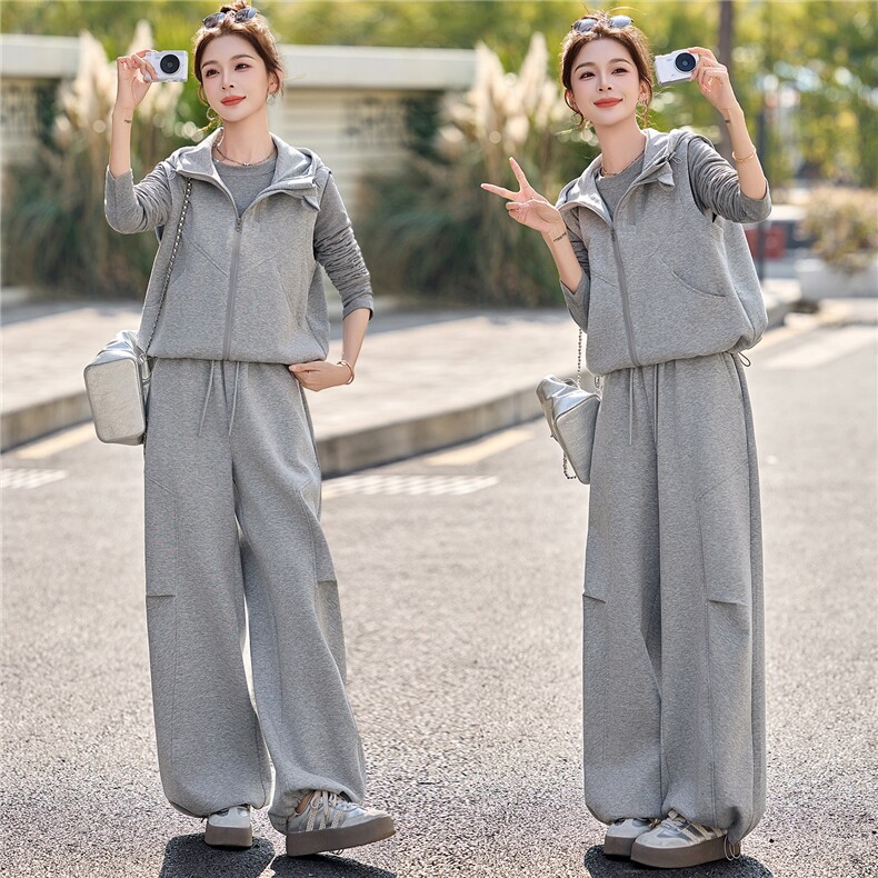 2026春新款休闲卫衣运动风连帽开衫马甲高腰阔腿裤套装，女装套装/套裙，瑶迪依秀