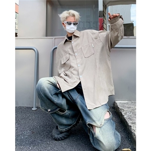 时尚衬衫男长袖秋季新款日系复古潮流潮牌痞帅百搭宽松衬衣外套图片