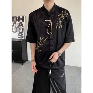 夏装2025新中式风竹叶盘扣男女刺绣短袖衬衫唐装上衣民族服装图片