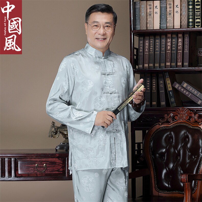 风中老年唐装男士春夏款大龙长袖套装丝绸衬衫，男装中老年男装，钱塘723