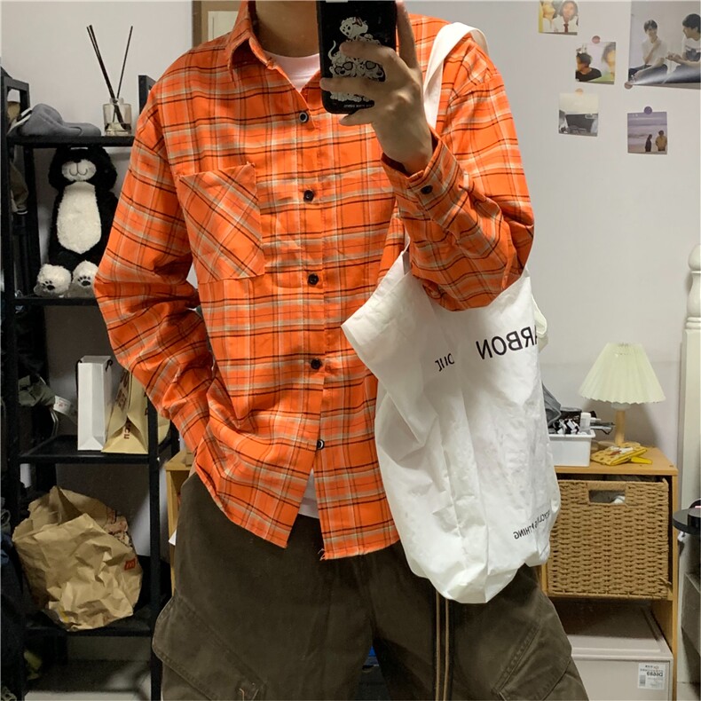 复古格纹设计感长袖衬衫男女小众宽松休闲口袋设计感橘色衬衣外套,男装衬衫,星座1013