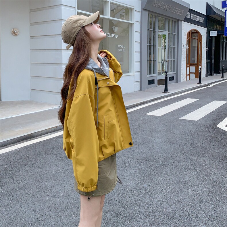 黄色假两件连帽休闲外套女2025春秋新款超好看小个子百搭户外上衣,女装短外套,2C198