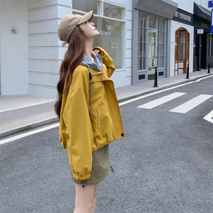 黄色假两件连帽休闲外套女2025春秋新款超好看小个子百搭户外上衣图片