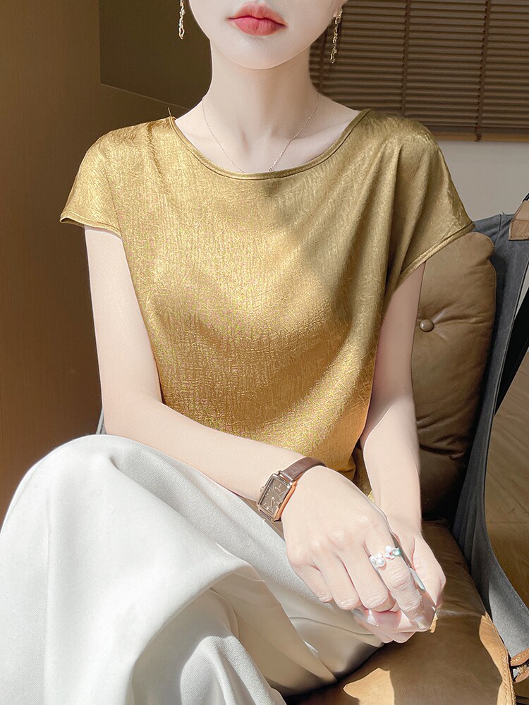 圆领针织短袖女纯色T恤简约百搭宽松套头上衣内,针织衫/毛衣,绒宛羊绒