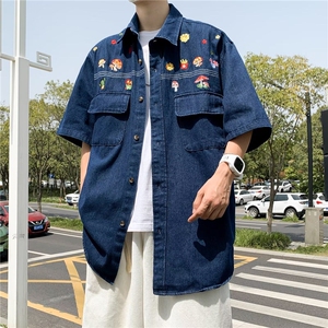 水洗做旧宽松牛仔短袖衬衫美式复古男趣味卡通刺绣上衣LM981-P52,男装衬衫,星座1008