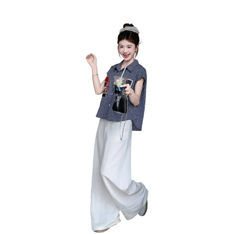 俏皮格子衬衫阔腿裤套装女夏2025新款两件套爆款高级感超火流行,女装衬衫,浙宝220