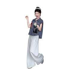 俏皮格子衬衫阔腿裤套装女夏2025新款两件套爆款高级感超火流行，女装衬衫，浙宝220