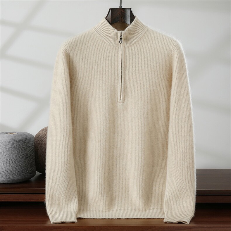 2025年秋季新款纯色半高拉链领时尚百搭，男装针织衫/毛衣，隆格羊绒