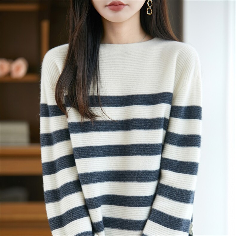 慵懒风条纹针织衫女100纯羊毛打底毛衣2025新款加厚保暖法式毛衫,女装羊毛衫,迅太羊绒
