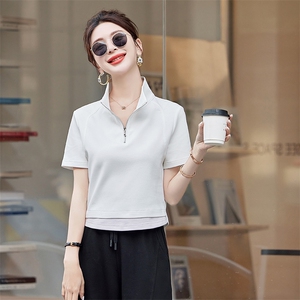 假两件短袖卫衣女拉链休闲上衣2024夏装薄款打底衫图片