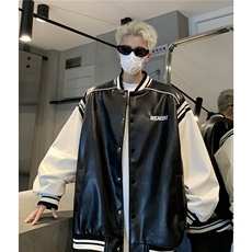 港风美式复古拼接罗纹pu棒球服情侣皮衣夹克外套男女G1094P108，男装夹克，电商A339