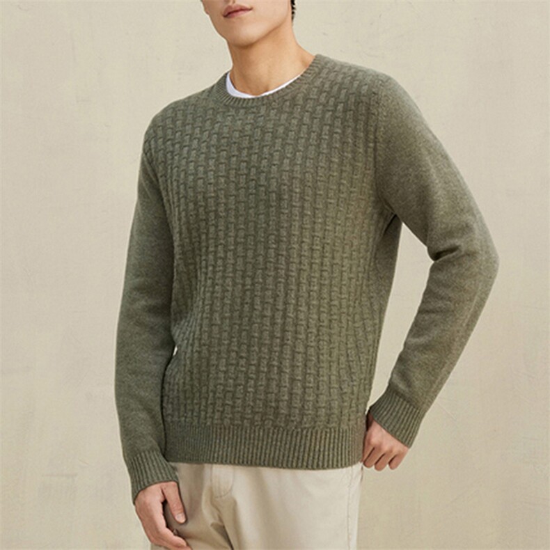 2025年秋季圆领套头长袖青春流行时尚都市7针双股竹节圆领，男装羊毛衫，犀桦羊绒