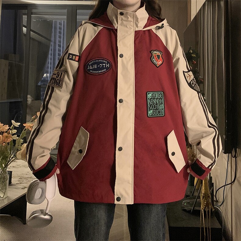 情侣装工装外套春季撞色街头拼接贴布绣刺绣冲锋衣风衣C736-110图片