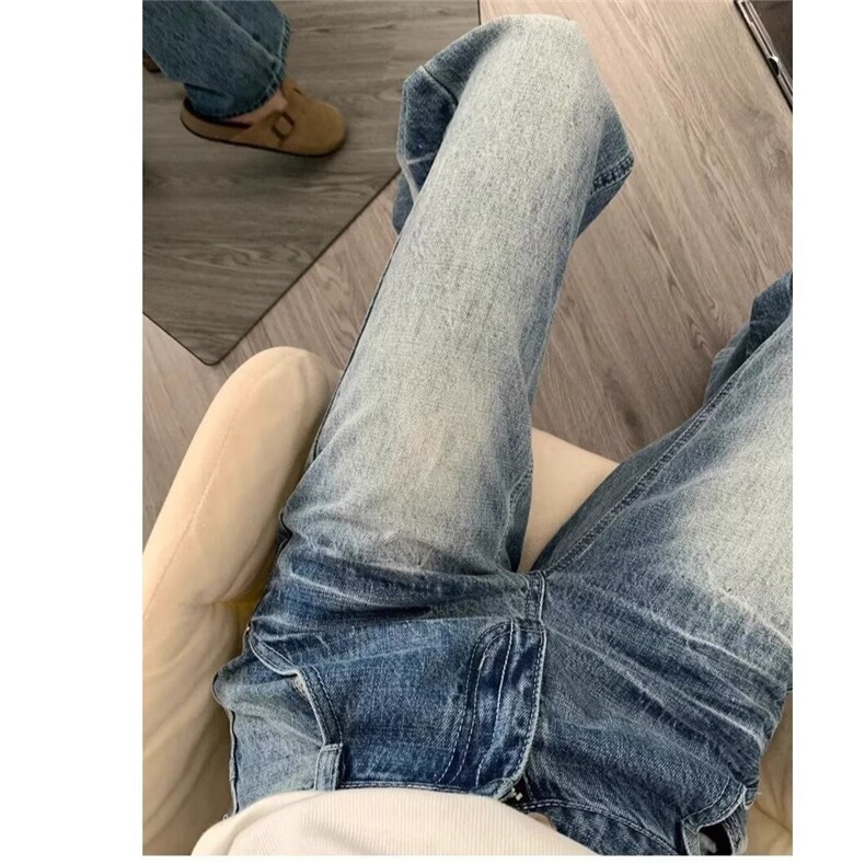 裂纹设计水洗蓝色牛仔裤美式潮流休闲百搭宽松直筒长裤NZA422,男装牛仔裤,星座516A