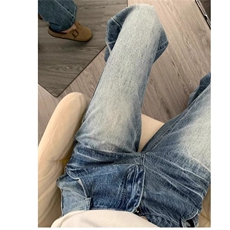 裂纹设计水洗蓝色牛仔裤美式潮流休闲百搭宽松直筒长裤NZA422，男装牛仔裤，星座516A