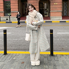 韩系格纹羊毛呢子大衣女2025冬季新款加厚显瘦中长款羊绒毛呢外套，女装毛呢外套，2C120