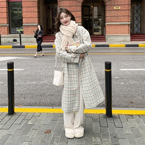 韩系格纹羊毛呢子大衣女2025冬季新款加厚显瘦中长款羊绒毛呢外套图片