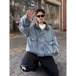 美式复古水洗牛仔翻领外套男春秋潮牌cleanfit短款痞帅工装夹克图片
