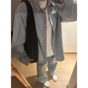 美式复古十字刺绣条纹衬衫长袖男秋季宽松休闲简约高级感衬衣图片