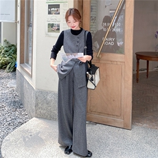 韩系灰色西装马甲两件套女2025春秋季新款高级感显瘦阔腿长裤套装，女装套装/套裙，2B219
