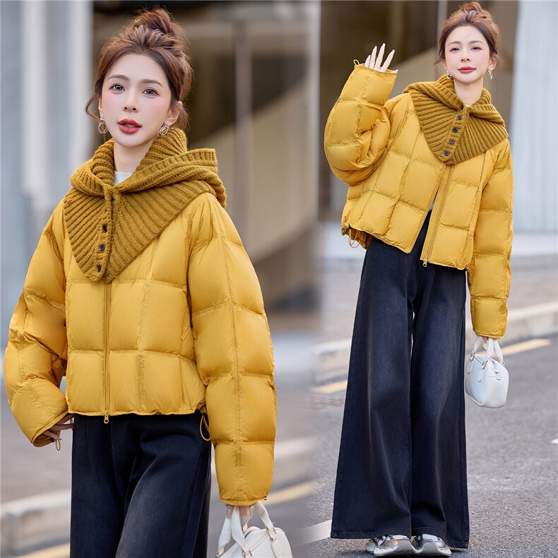 90%白鸭绒2025年冬季宽松圆领休闲羽绒服送针织帽子，女装羽绒服，米雪儿