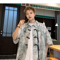 新中式男女痞帅高级感衬衣潮盘扣复古短袖衬衫，男装衬衫，星座201-2