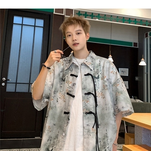 新中式男女痞帅高级感衬衣潮盘扣复古短袖衬衫图片