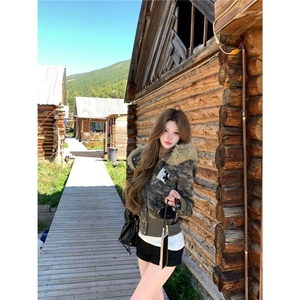美式复古迷彩大毛领连帽卫衣女秋冬新款潮辣妹修身加绒外套图片