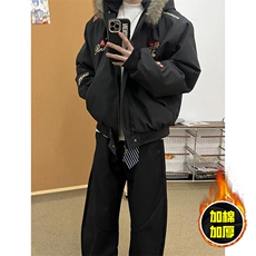 现货高品质美式高街重磅刺绣座山雕大毛毛领棉衣男女加厚棉服外套，男装棉衣，电商A443