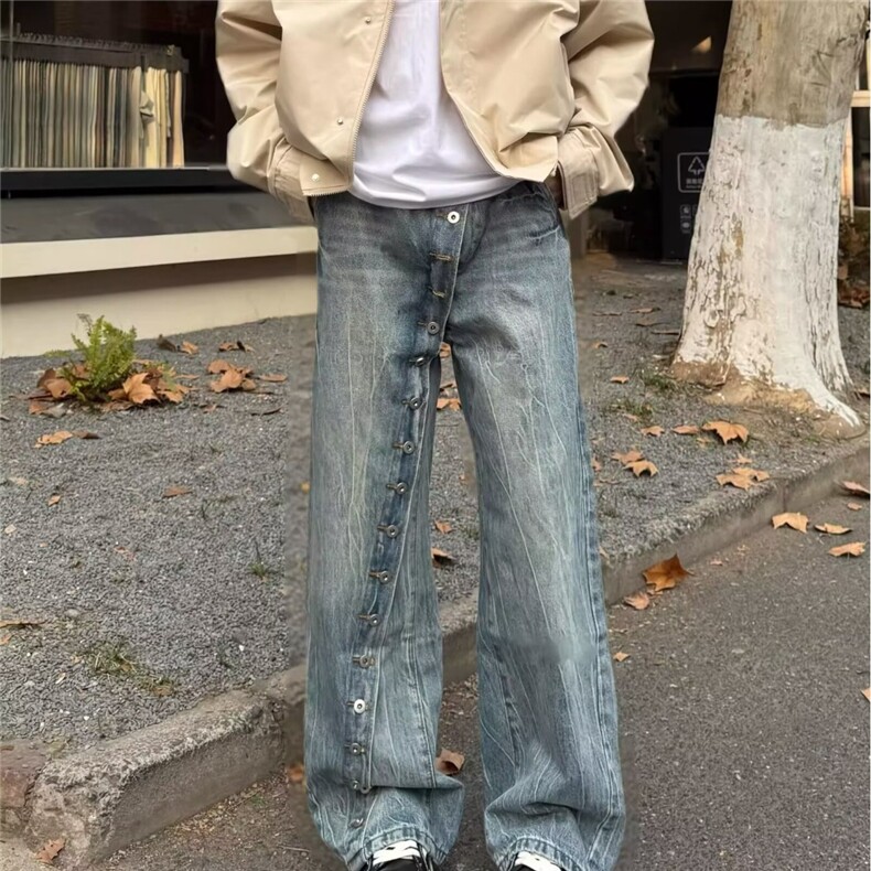 美式复古水洗斜门纽扣直筒牛仔裤男设计感小众宽松休闲百搭阔腿裤，男装牛仔裤，星座302B-2