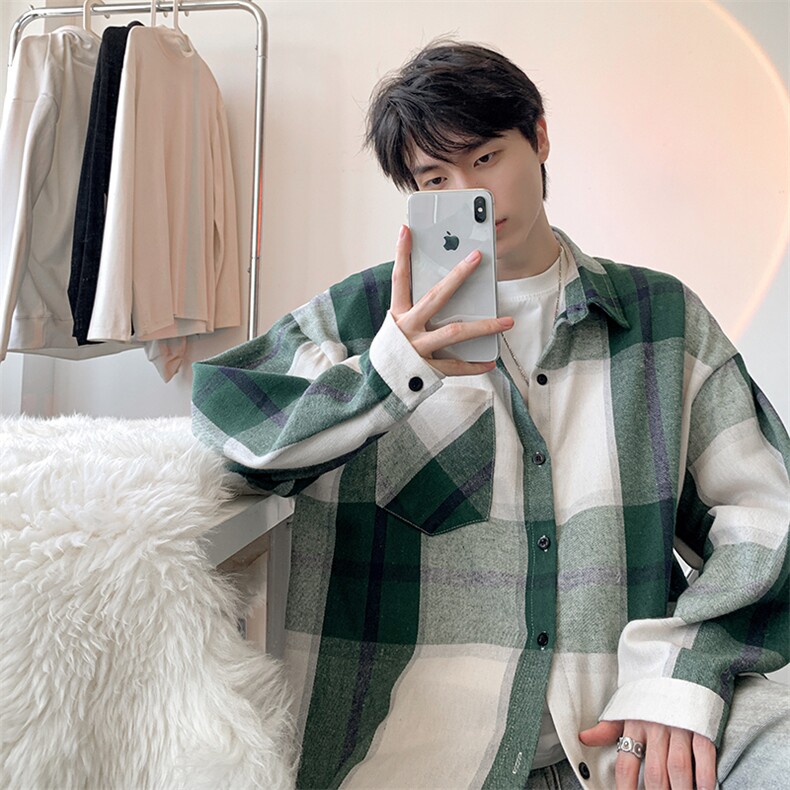 衬衫男春季新款港风宽松大码磨毛格子长袖衬衣CS6636-特P29，男装衬衫，星座214-3