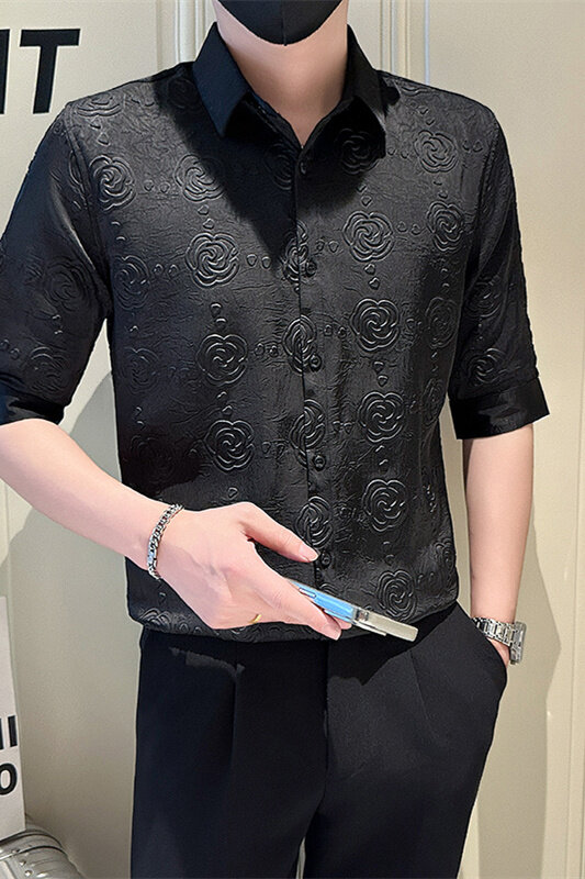 店主风社会小伙男士褶皱花泡七分袖衬衫男衬衣301A-1/CS569/P55,男装衬衫,星座301A-1