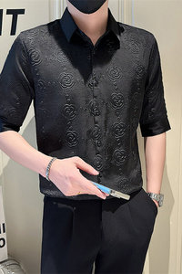 店主风社会小伙男士褶皱花泡七分袖衬衫男衬衣301A-1/CS569/P55图片
