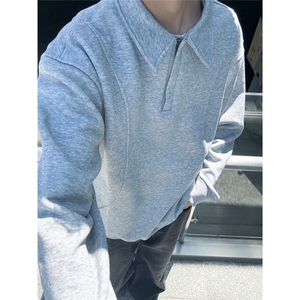 老钱风灰色正肩polo领长袖卫衣男女秋季宽松翻领上衣半拉链套头衫图片