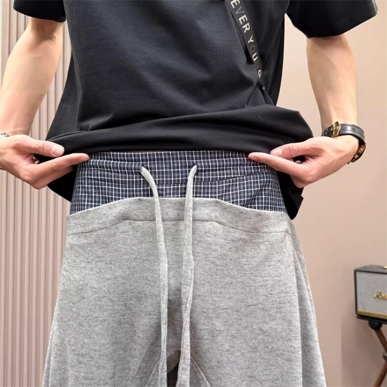 美式格纹拼接腰头设计阔腿裤春秋宽松显瘦垂感男女休闲裤,男装休闲裤,星座410-6（原星座1304-1）
