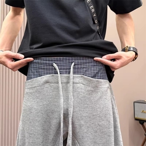 美式格纹拼接腰头设计阔腿裤春秋宽松显瘦垂感男女休闲裤图片