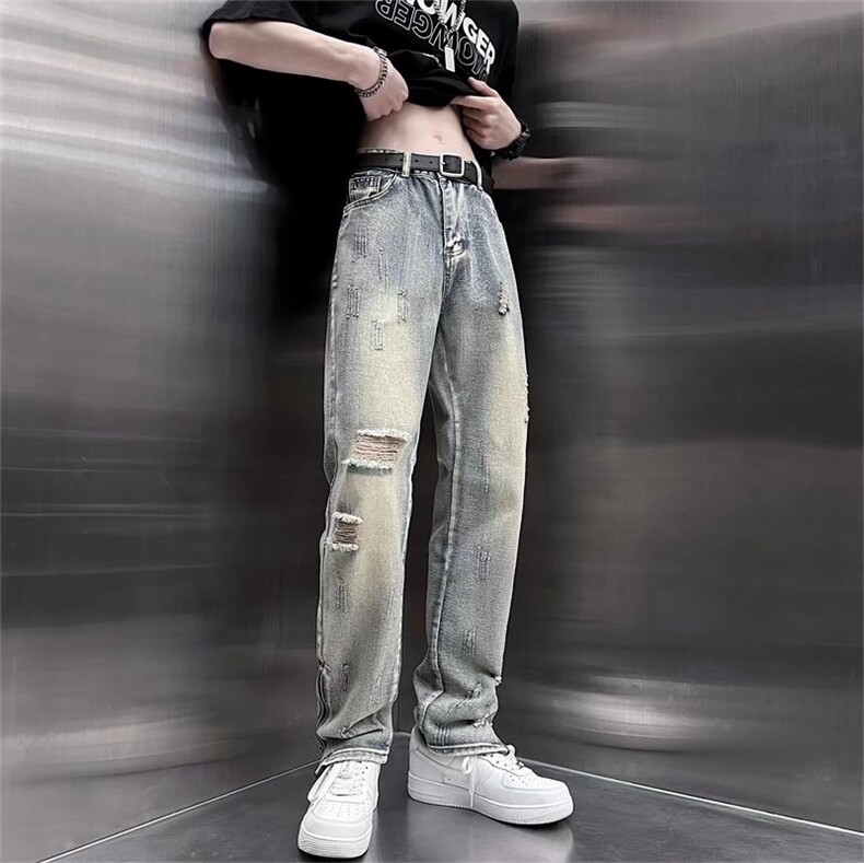 高街牛仔裤男宽松设计感拉链直筒裤ins潮休闲坠感拖地裤N8028-P45,男装牛仔裤,星座1008-1