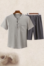 主推长年货高品质男中年风亚麻套装短袖T恤亚麻短裤套装，男装牛仔裤，钱塘723