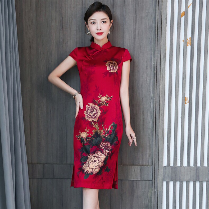 2024春夏季新款专柜品质真丝高奢时尚修身中长款婚礼旗袍连衣裙,女装连衣裙,小荷流